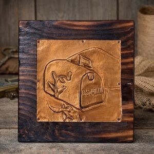 Vintage Copper Hammered Wood Mounted US Mail Box Handcrafted Plaque 6x6